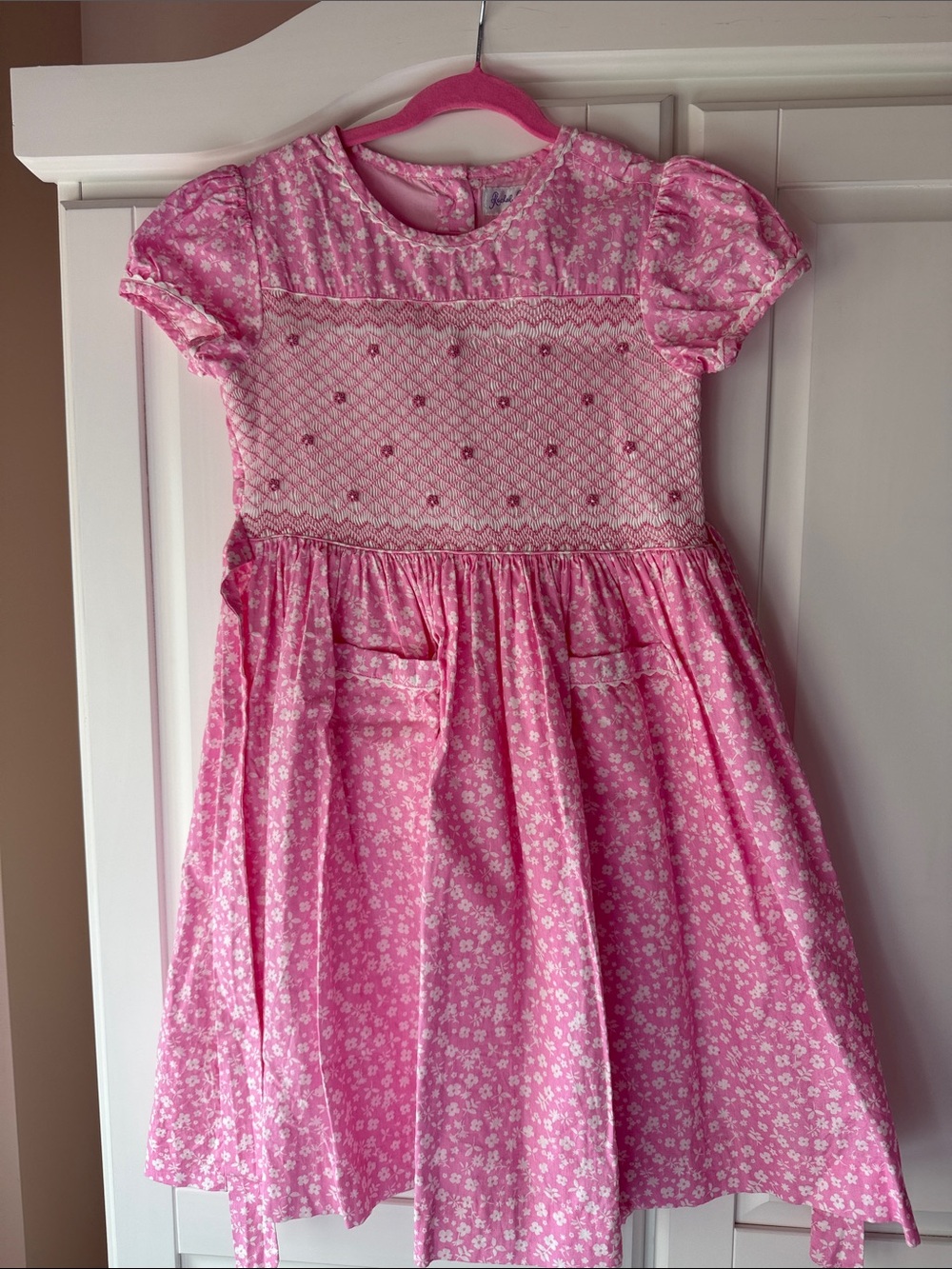 Rachel Riley hand embroidered Pink Floral Smocked Kids Dress